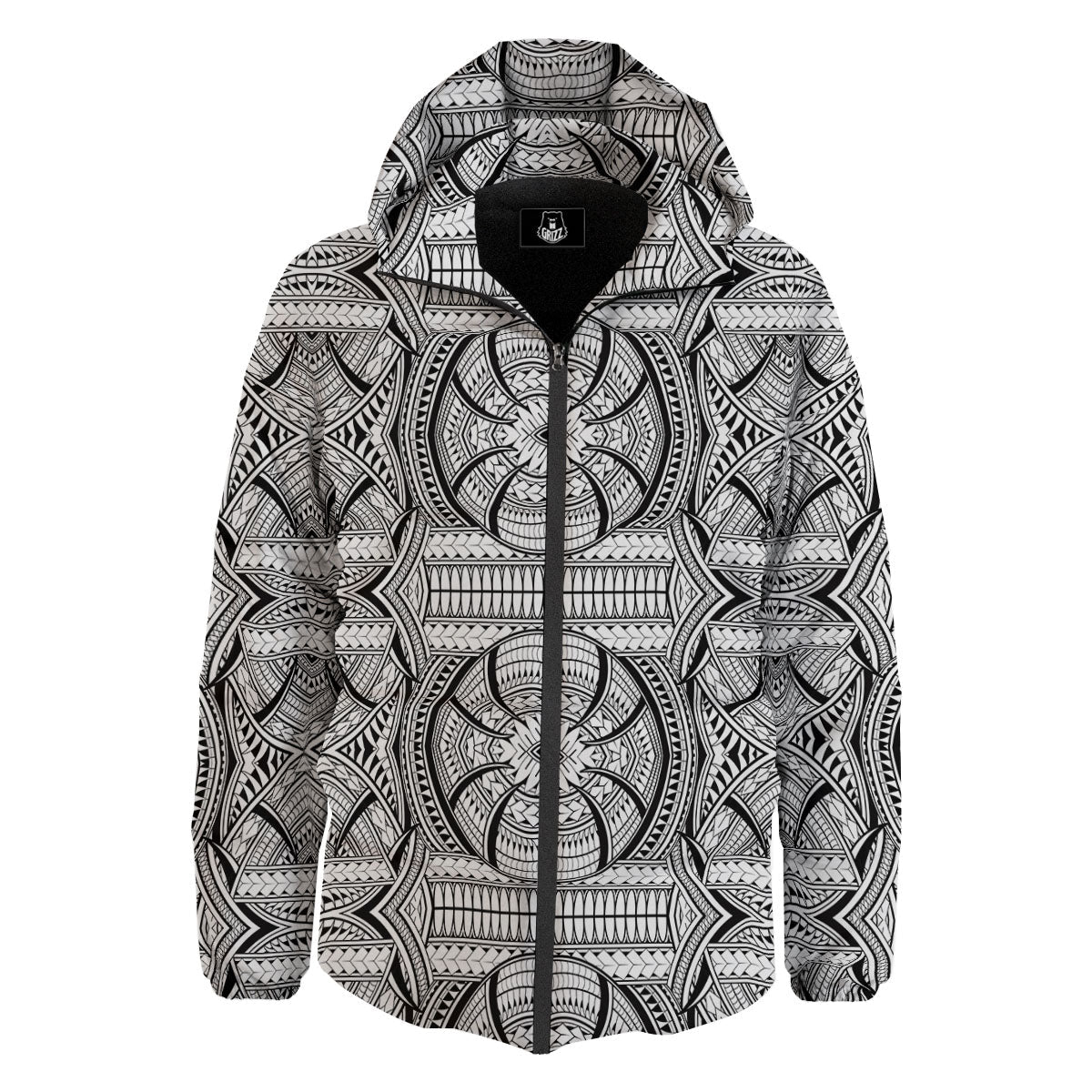 Maori Polynesian White And Black Print Down Jacket-grizzshop