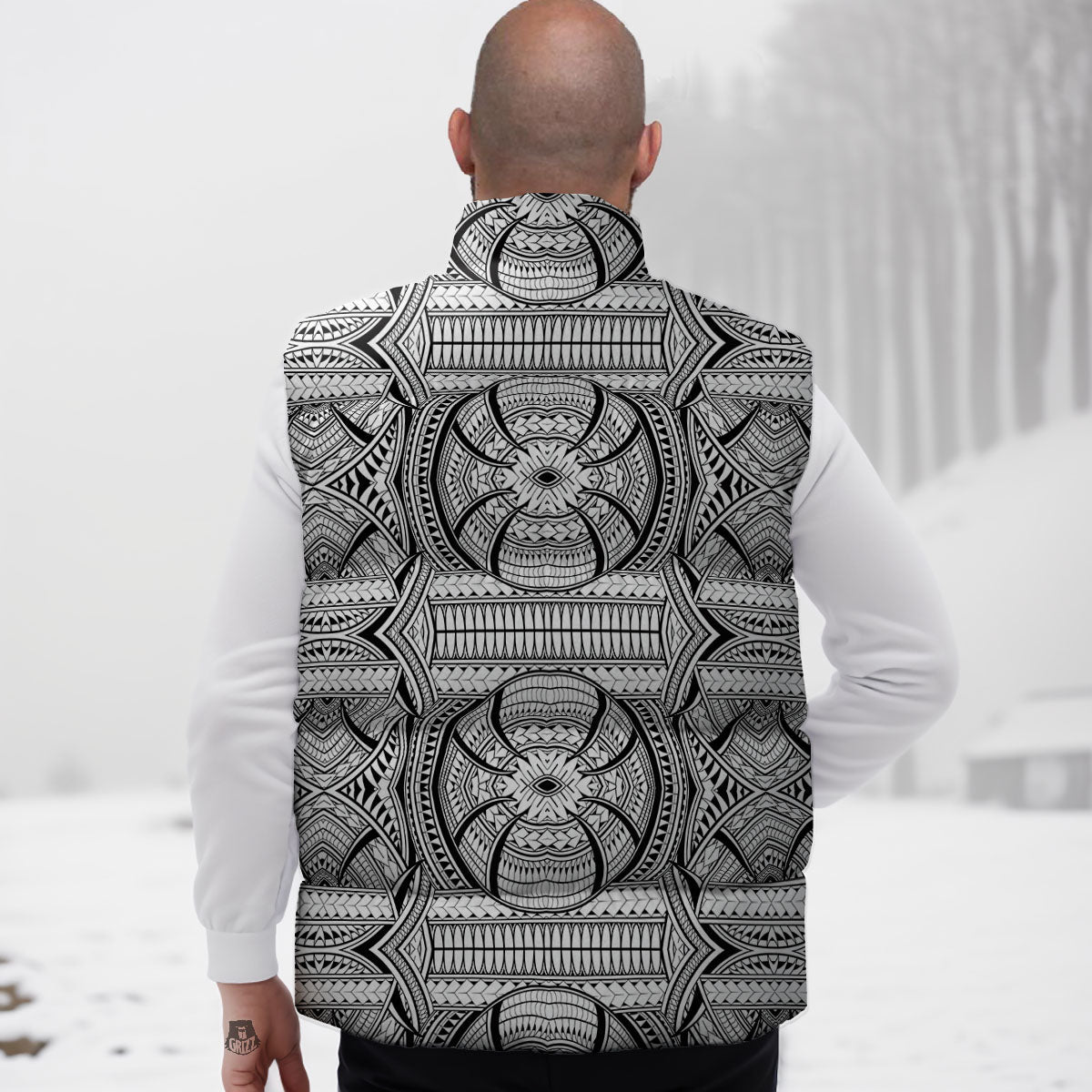 Maori Polynesian White And Black Print Down Vest