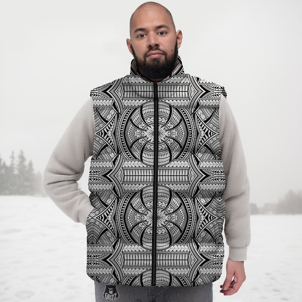 Maori Polynesian White And Black Print Down Vest