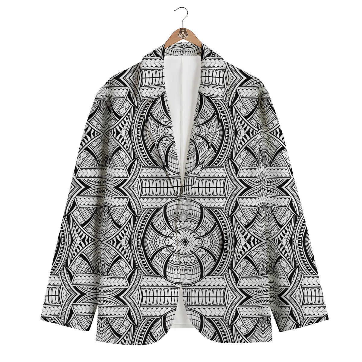 Maori Polynesian White And Black Print Men's Blazer-grizzshop