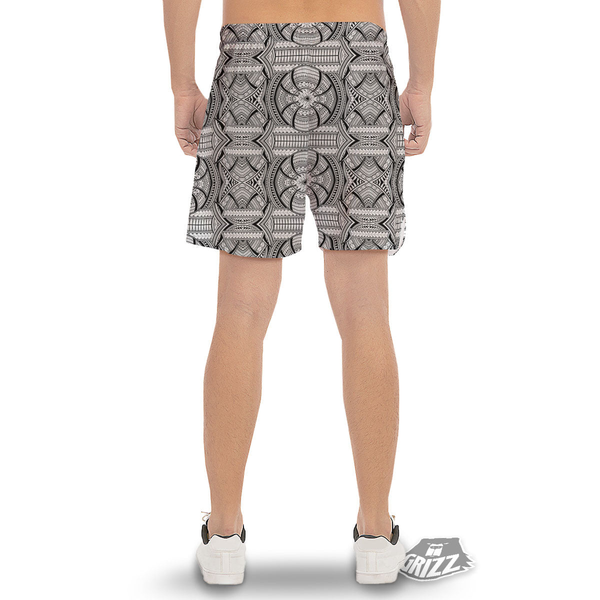 Maori Polynesian White And Black Print Men's Gym Shorts-grizzshop