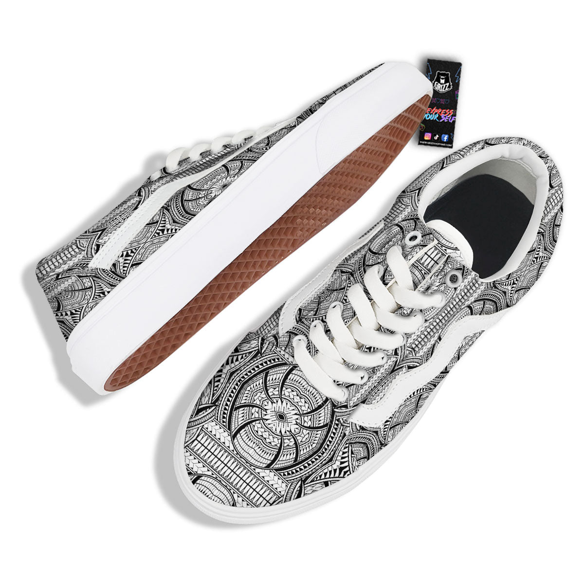 Maori Polynesian White And Black Print Skate Shoes-grizzshop