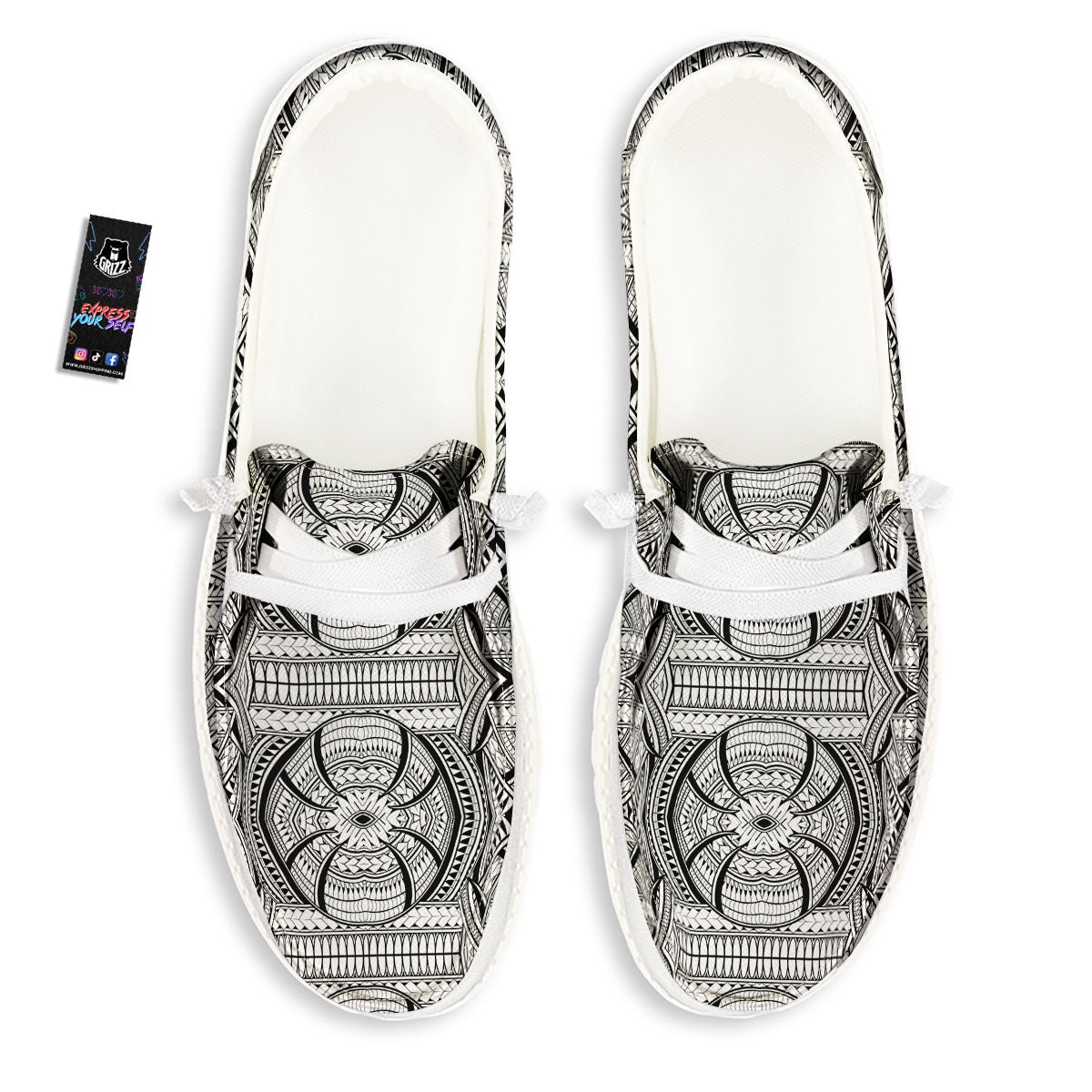 Maori Polynesian White And Black Print White Loafers-grizzshop