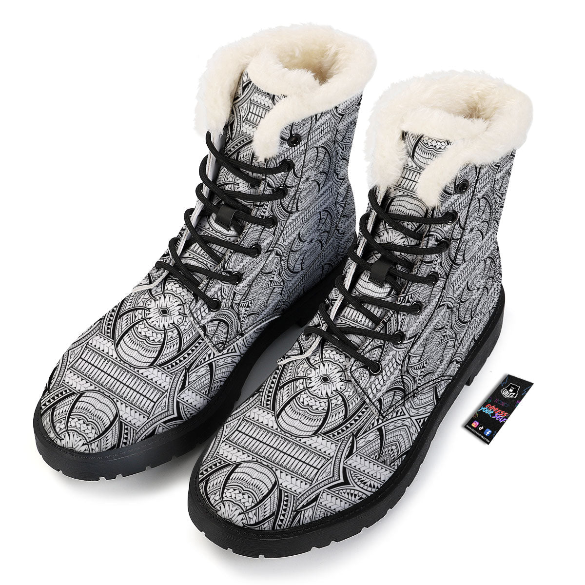 Maori Polynesian White And Black Print Winter Boots-grizzshop