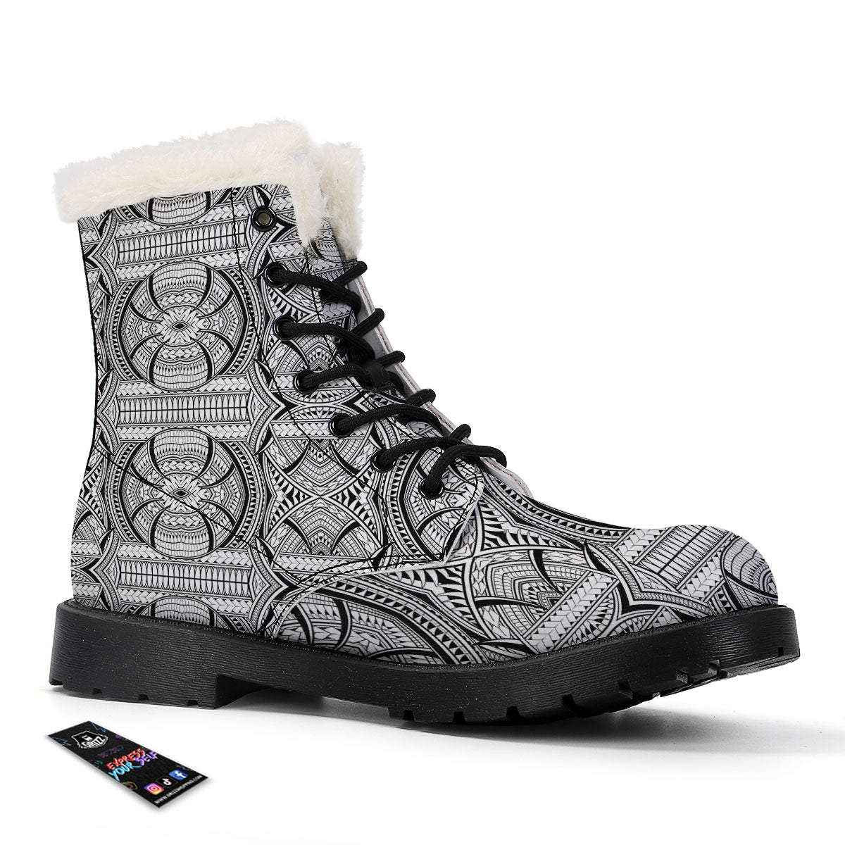 Maori Polynesian White And Black Print Winter Boots-grizzshop
