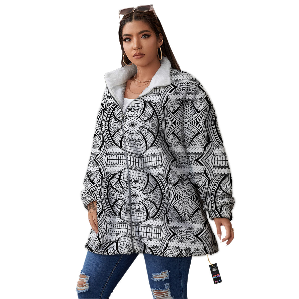 Maori Polynesian White And Black Print Women's Sherpa Jacket-grizzshop