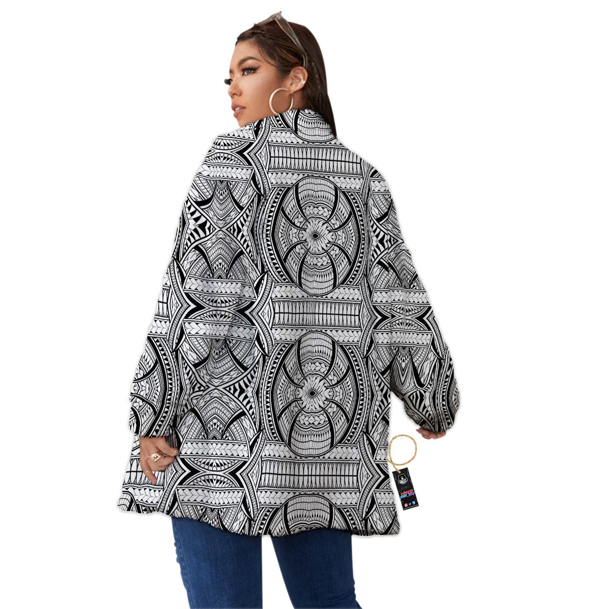 Maori Polynesian White And Black Print Women's Sherpa Jacket-grizzshop