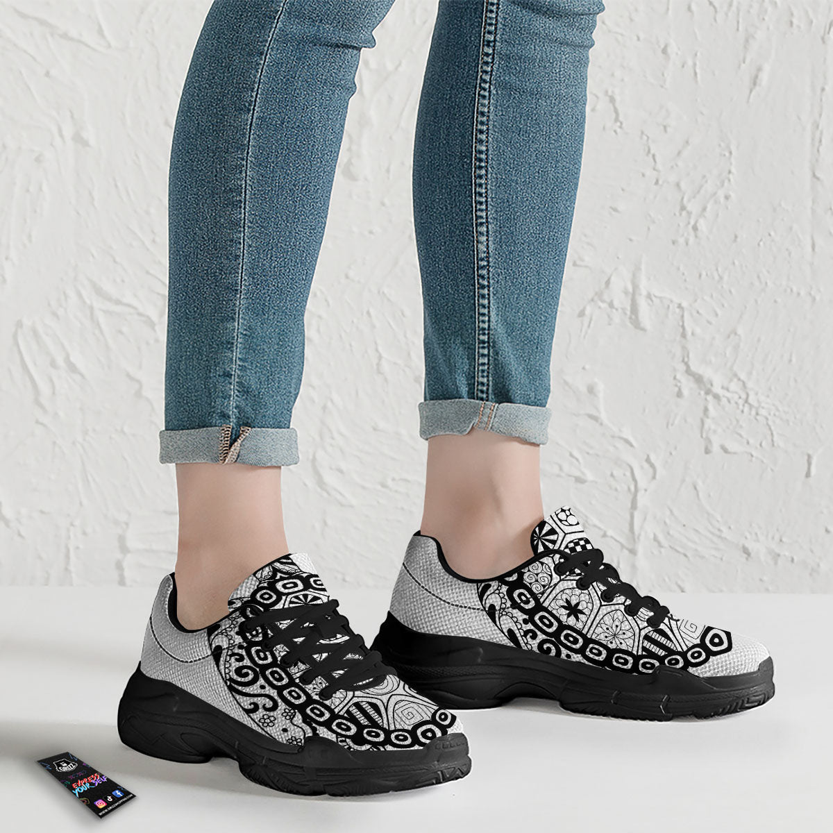 Maori Sea Turtle White And Black Print Black Chunky Shoes-grizzshop