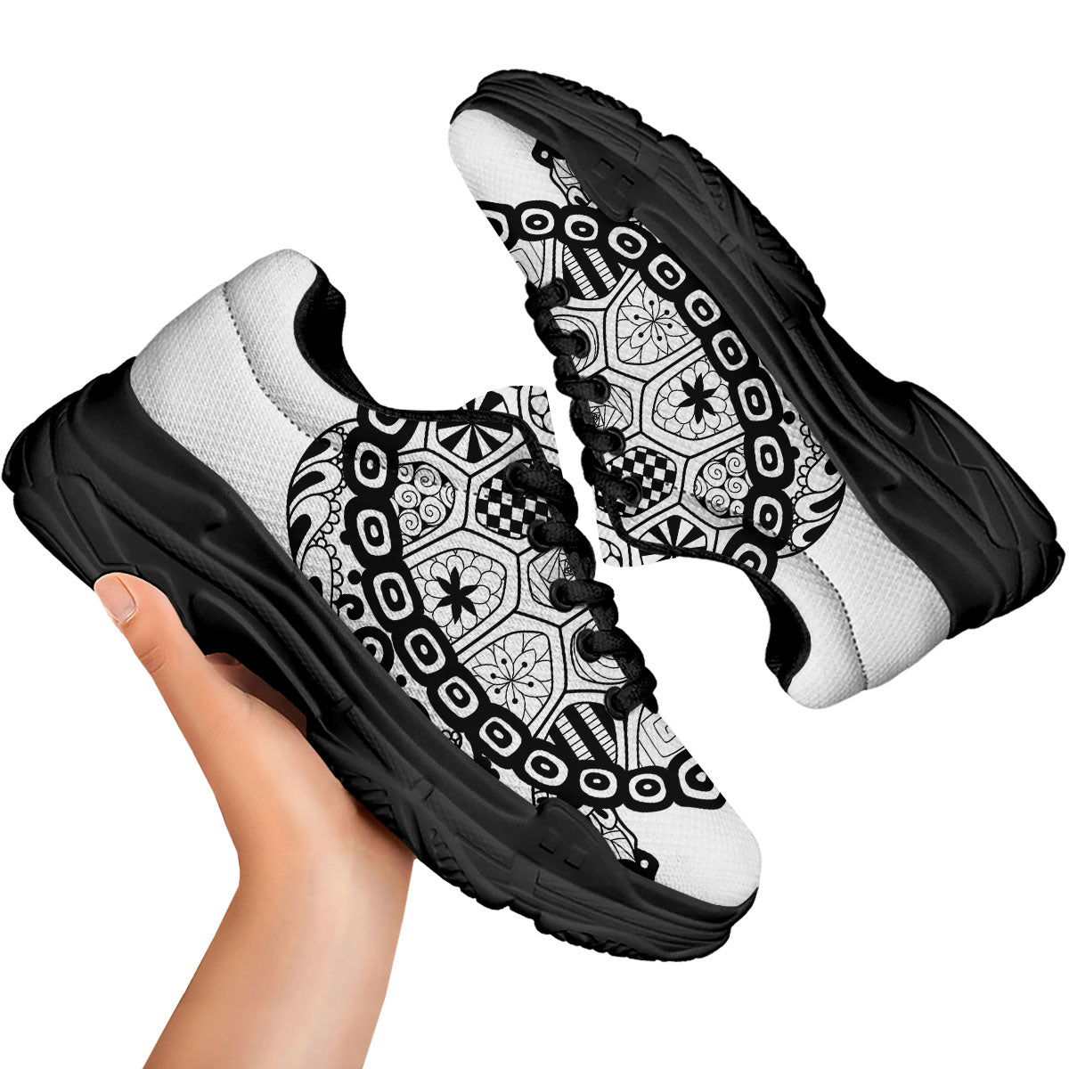 Maori Sea Turtle White And Black Print Black Chunky Shoes-grizzshop