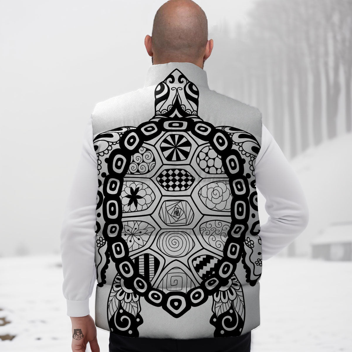 Maori Sea Turtle White And Black Print Down Vest