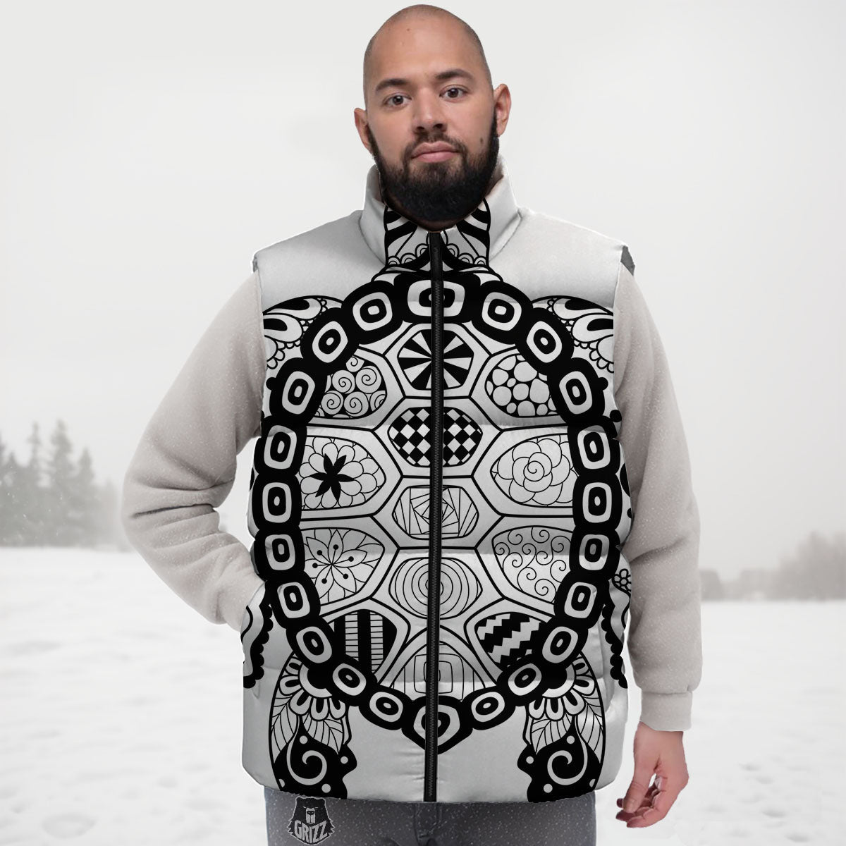 Maori Sea Turtle White And Black Print Down Vest