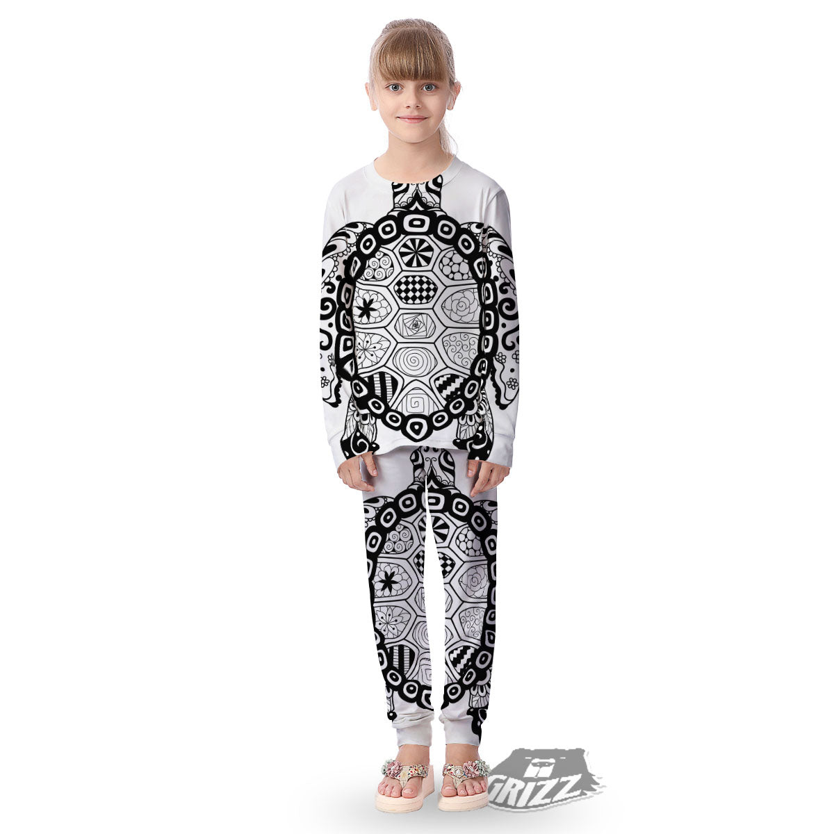 Maori Sea Turtle White And Black Print Kid's Pajamas-grizzshop