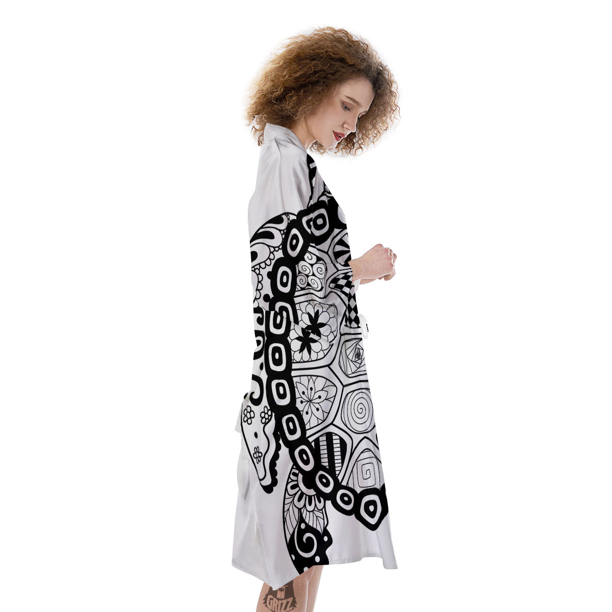 Maori Sea Turtle White And Black Print Kimono-grizzshop