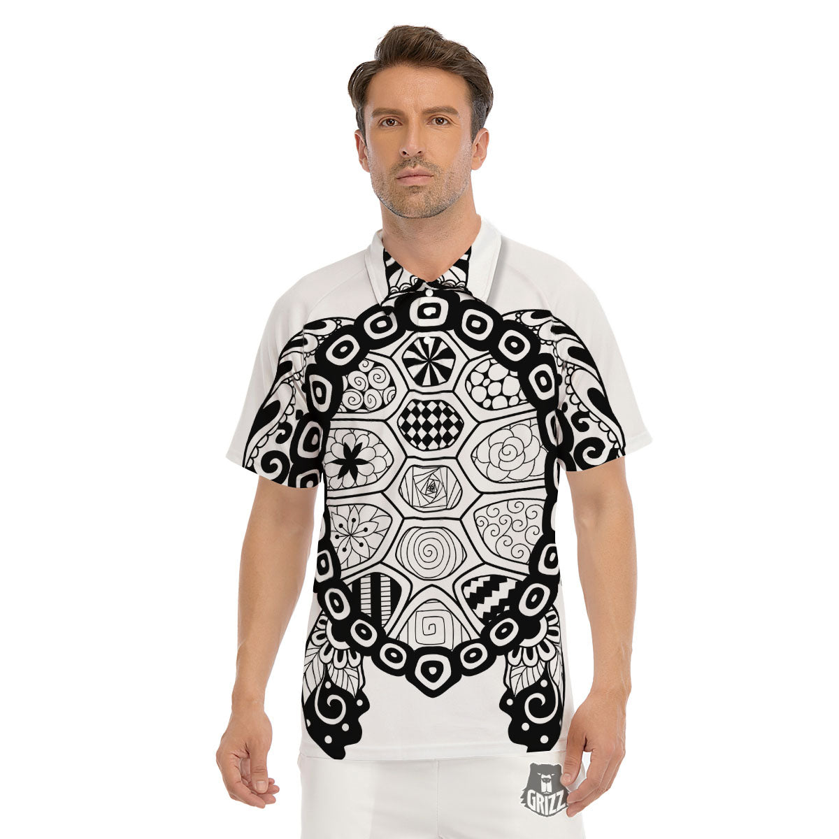 Maori Sea Turtle White And Black Print Men's Golf Shirts-grizzshop