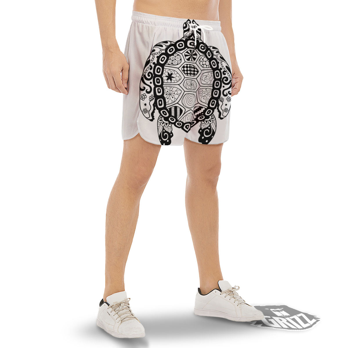 Maori Sea Turtle White And Black Print Men's Gym Shorts-grizzshop