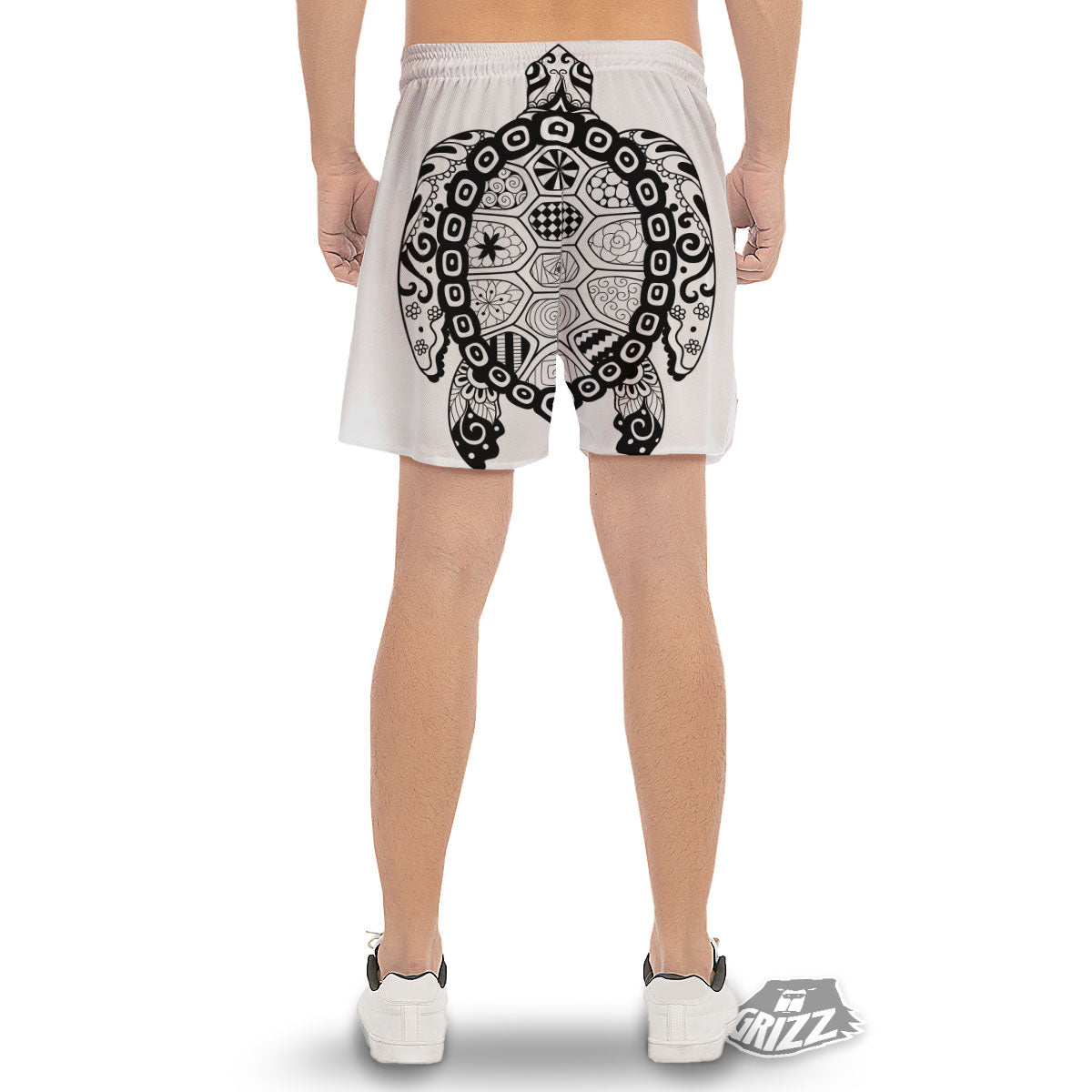 Maori Sea Turtle White And Black Print Men's Gym Shorts-grizzshop