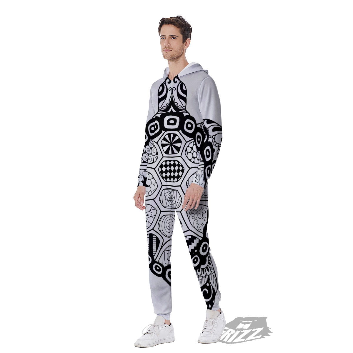 Maori Sea Turtle White And Black Print Men's Jumpsuit-grizzshop