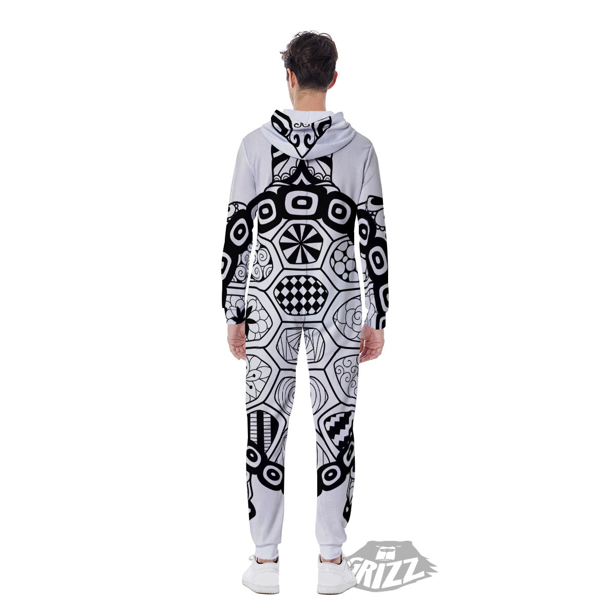 Maori Sea Turtle White And Black Print Men's Jumpsuit-grizzshop