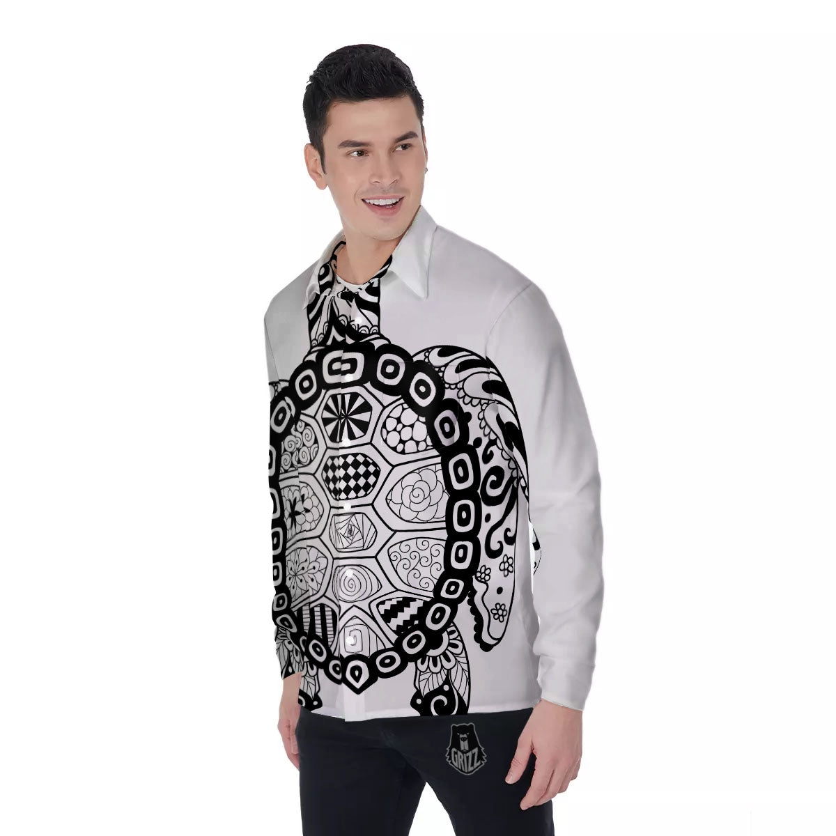 Maori Sea Turtle White And Black Print Men's Long Sleeve Shirts-grizzshop