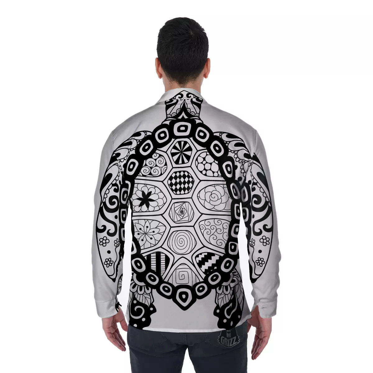 Maori Sea Turtle White And Black Print Men's Long Sleeve Shirts-grizzshop