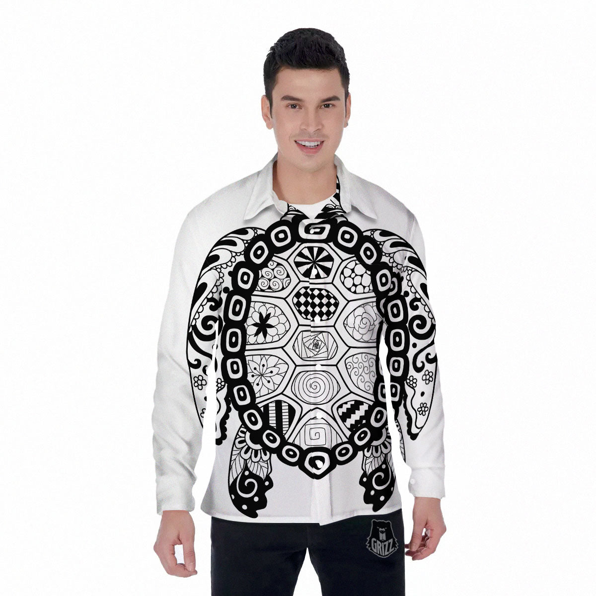 Maori Sea Turtle White And Black Print Men's Long Sleeve Shirts-grizzshop