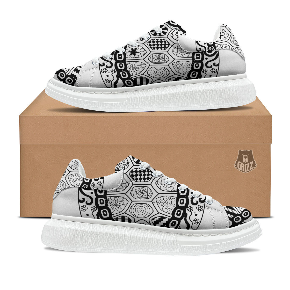 Maori Sea Turtle White And Black Print Platform Shoes-grizzshop