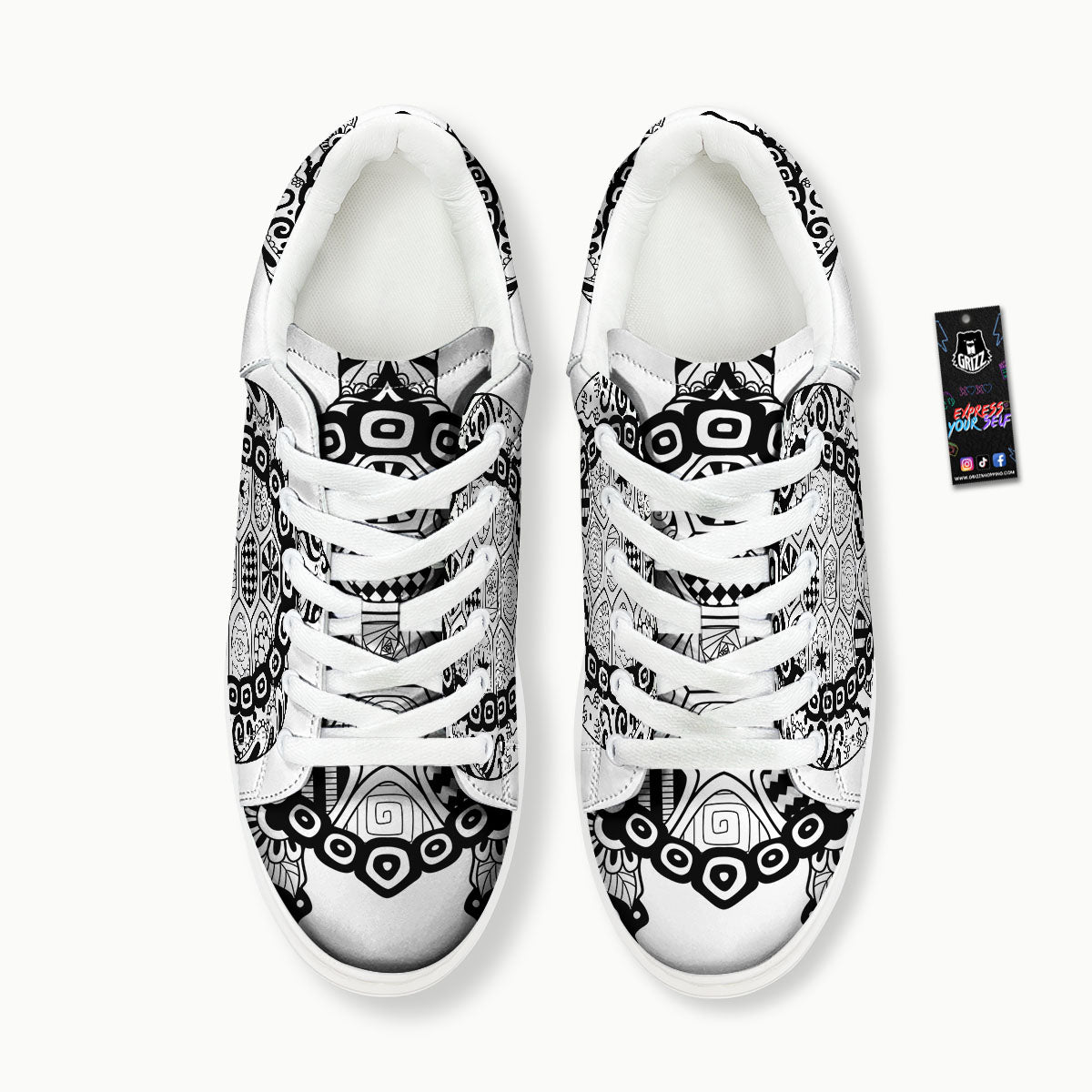 Maori Sea Turtle White And Black Print Platform Shoes-grizzshop
