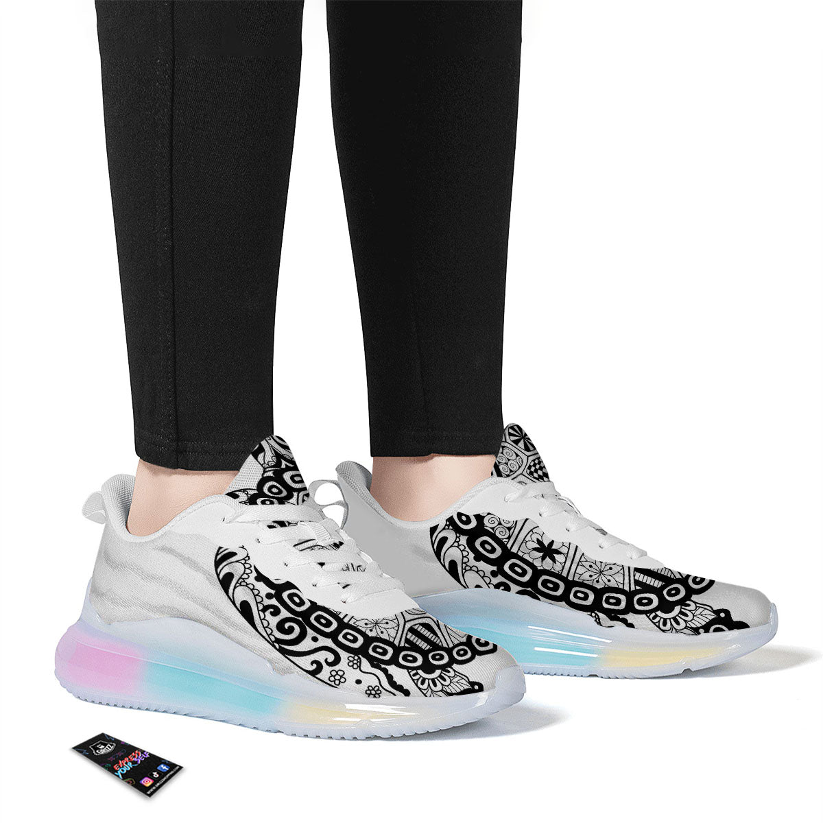 Maori Sea Turtle White And Black Print Running Sneakers-grizzshop