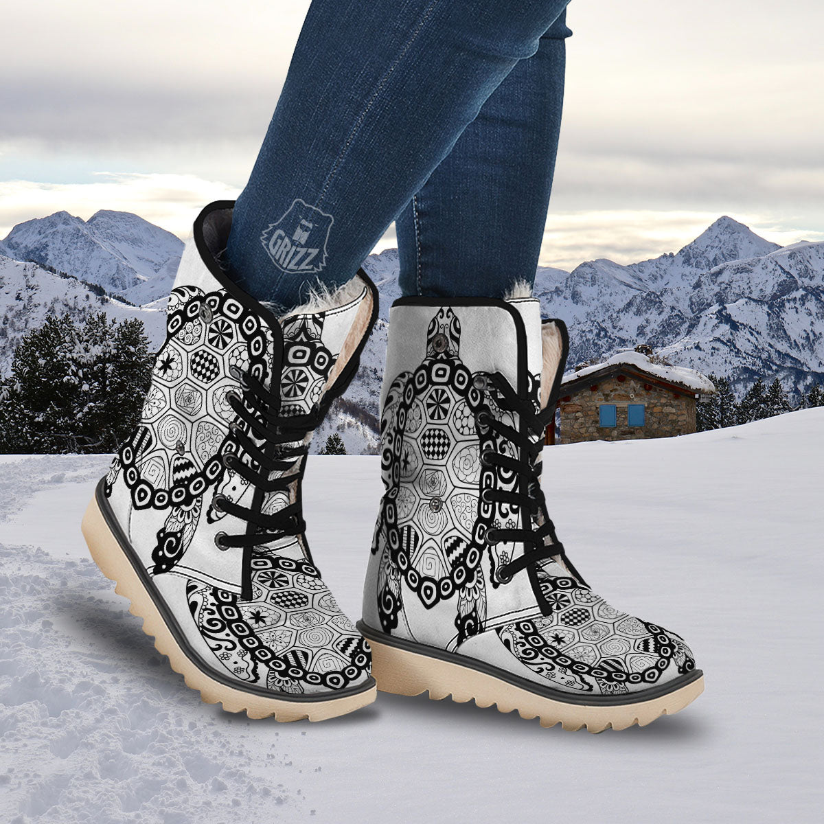 Maori Sea Turtle White And Black Print Snow Boots-grizzshop