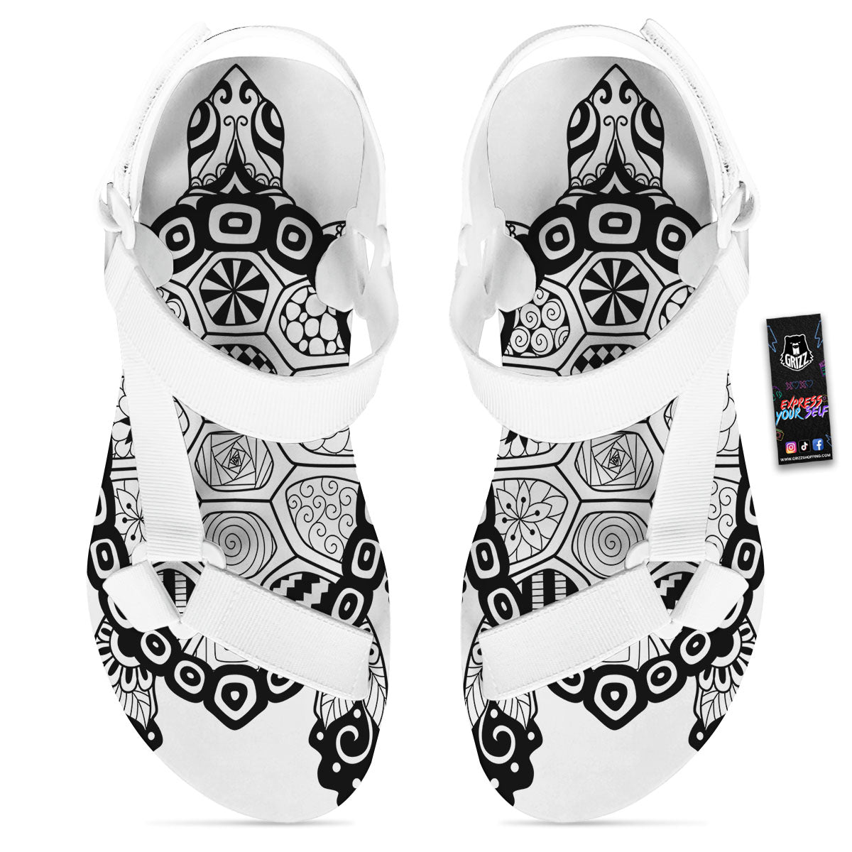 Maori Sea Turtle White And Black Print White Open Toe Sandals-grizzshop