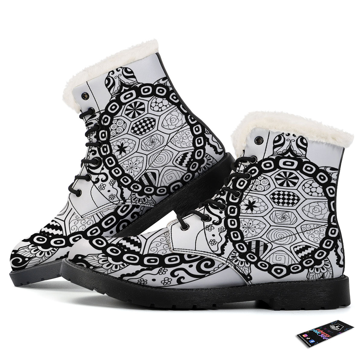 Maori Sea Turtle White And Black Print Winter Boots-grizzshop