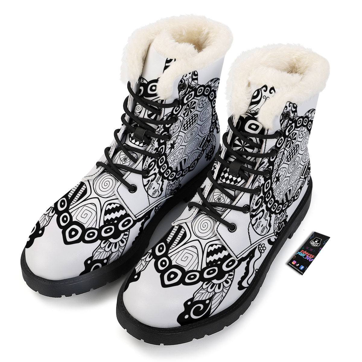 Maori Sea Turtle White And Black Print Winter Boots-grizzshop