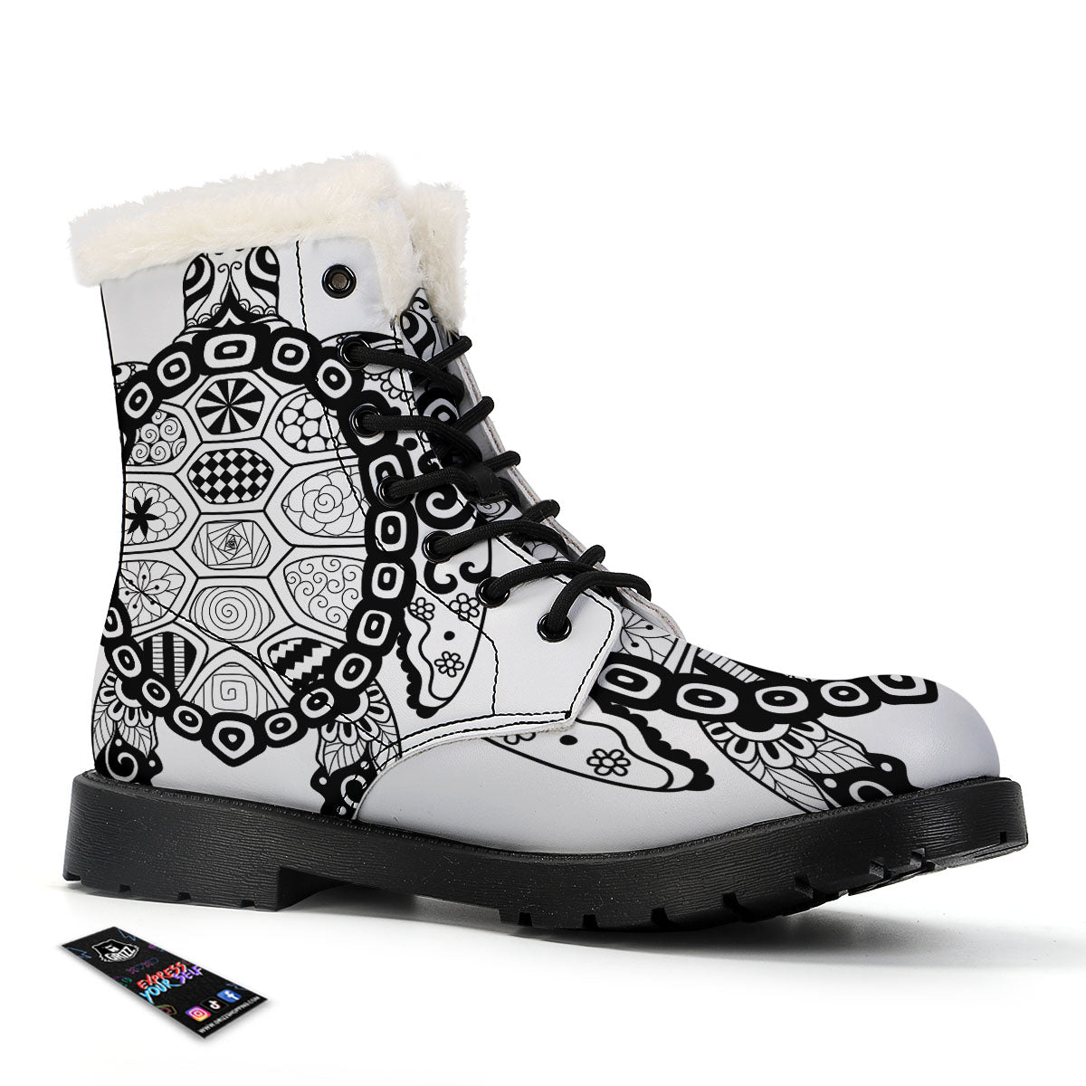Maori Sea Turtle White And Black Print Winter Boots-grizzshop