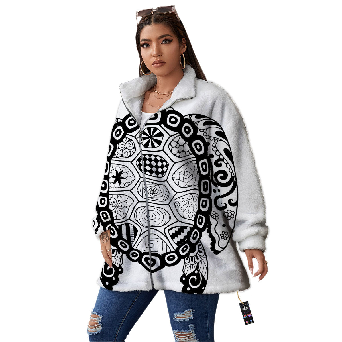 Maori Sea Turtle White And Black Print Women's Sherpa Jacket-grizzshop