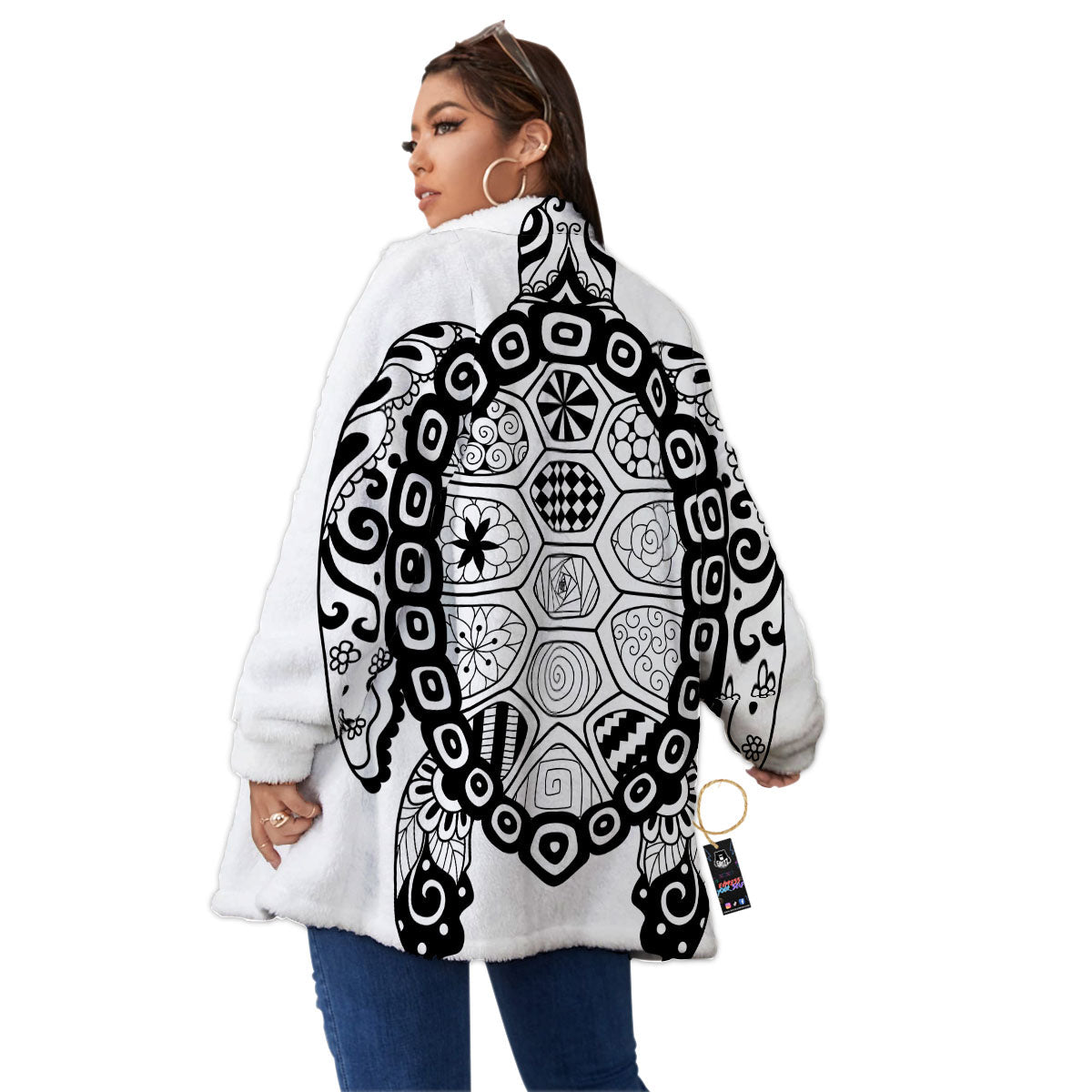 Maori Sea Turtle White And Black Print Women's Sherpa Jacket-grizzshop