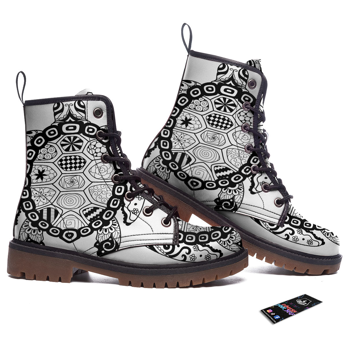 Maori Sea Turtle White And Black Print Work Boots-grizzshop
