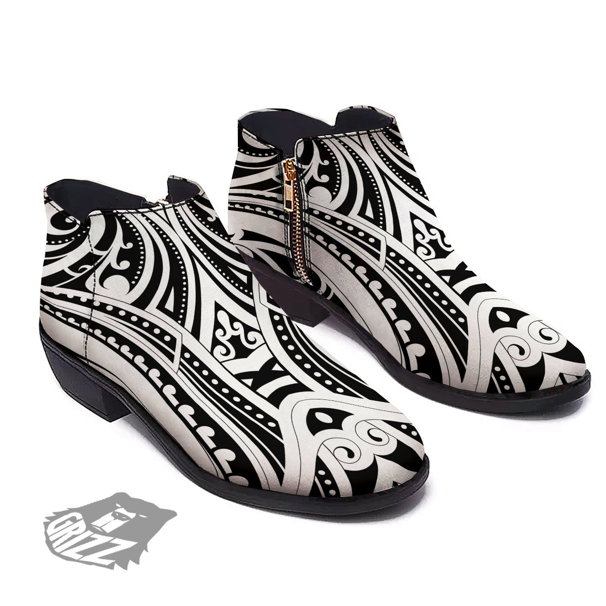 Maori Tattoo White And Black Print Ankle Boots-grizzshop