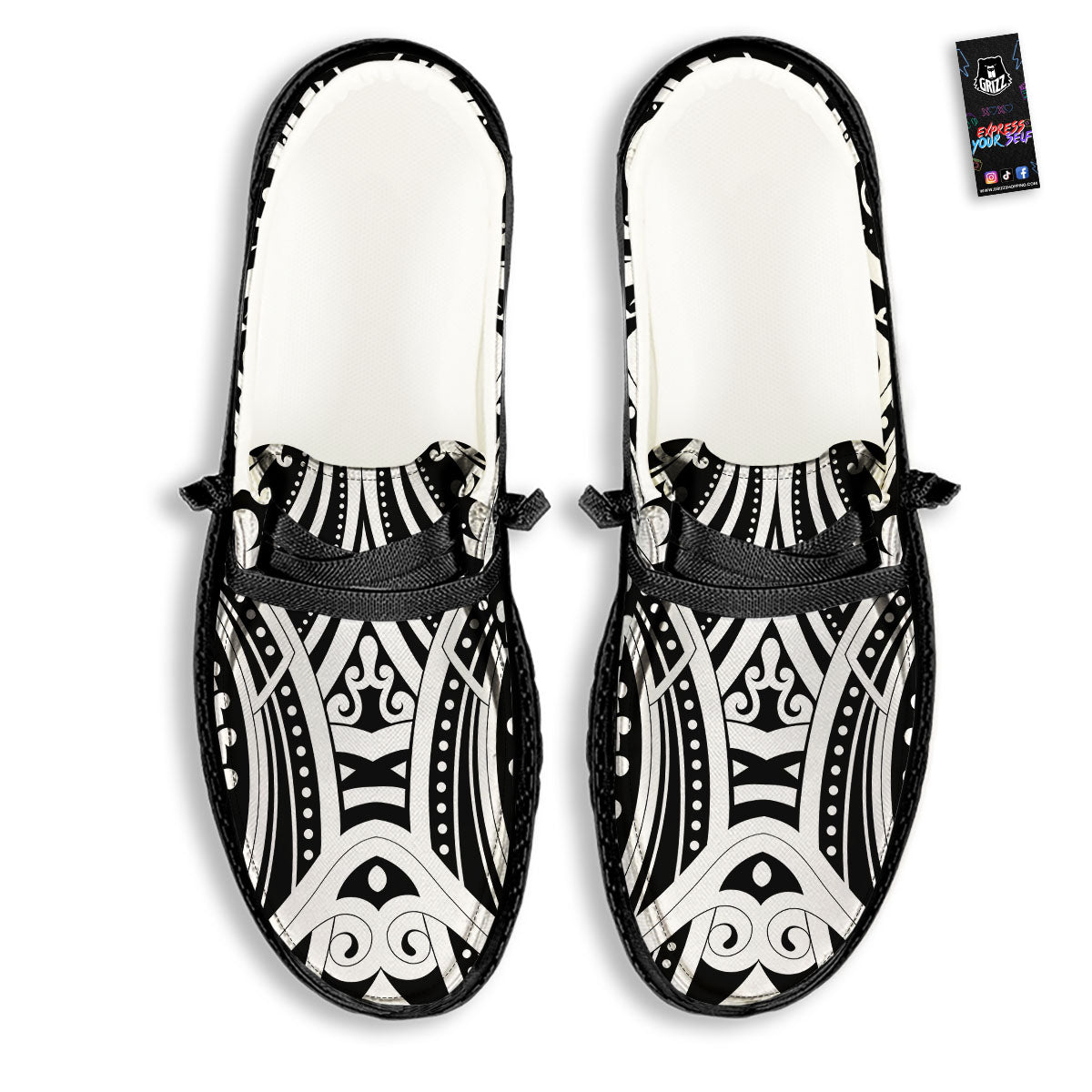 Maori Tattoo White And Black Print Black Loafers-grizzshop