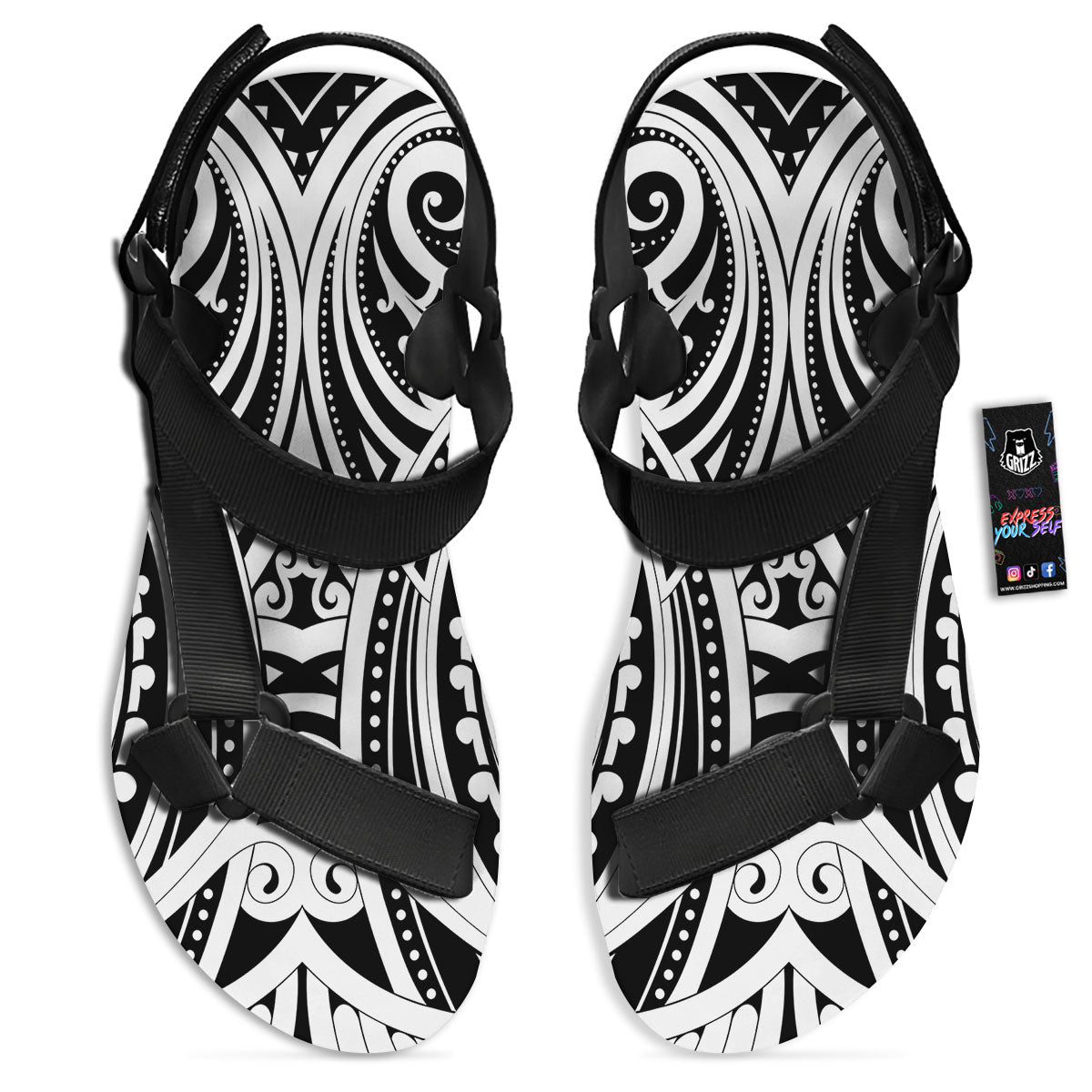 Maori Tattoo White And Black Print Black Open Toe Sandals-grizzshop