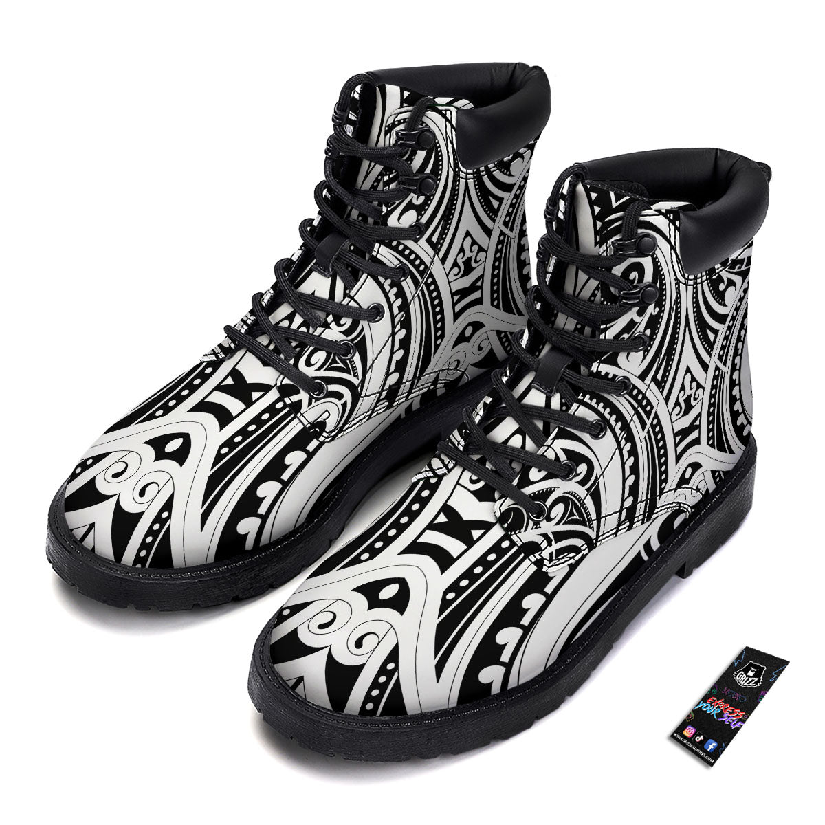 Maori Tattoo White And Black Print Boots-grizzshop