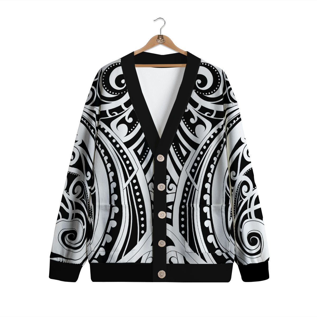 Maori Tattoo White And Black Print Cardigan-grizzshop