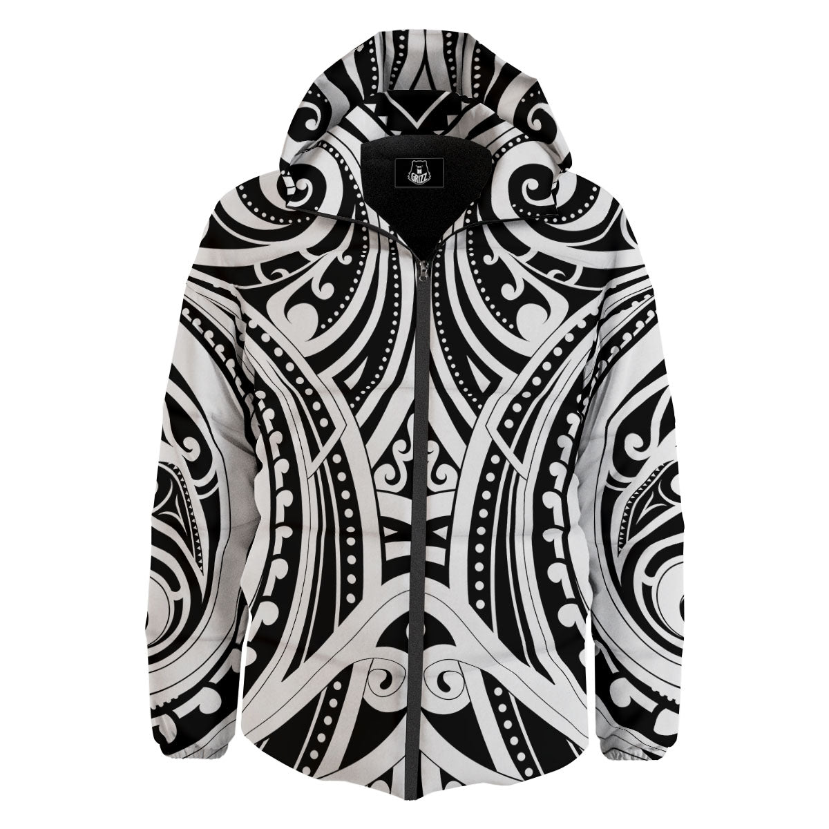 Maori Tattoo White And Black Print Down Jacket-grizzshop
