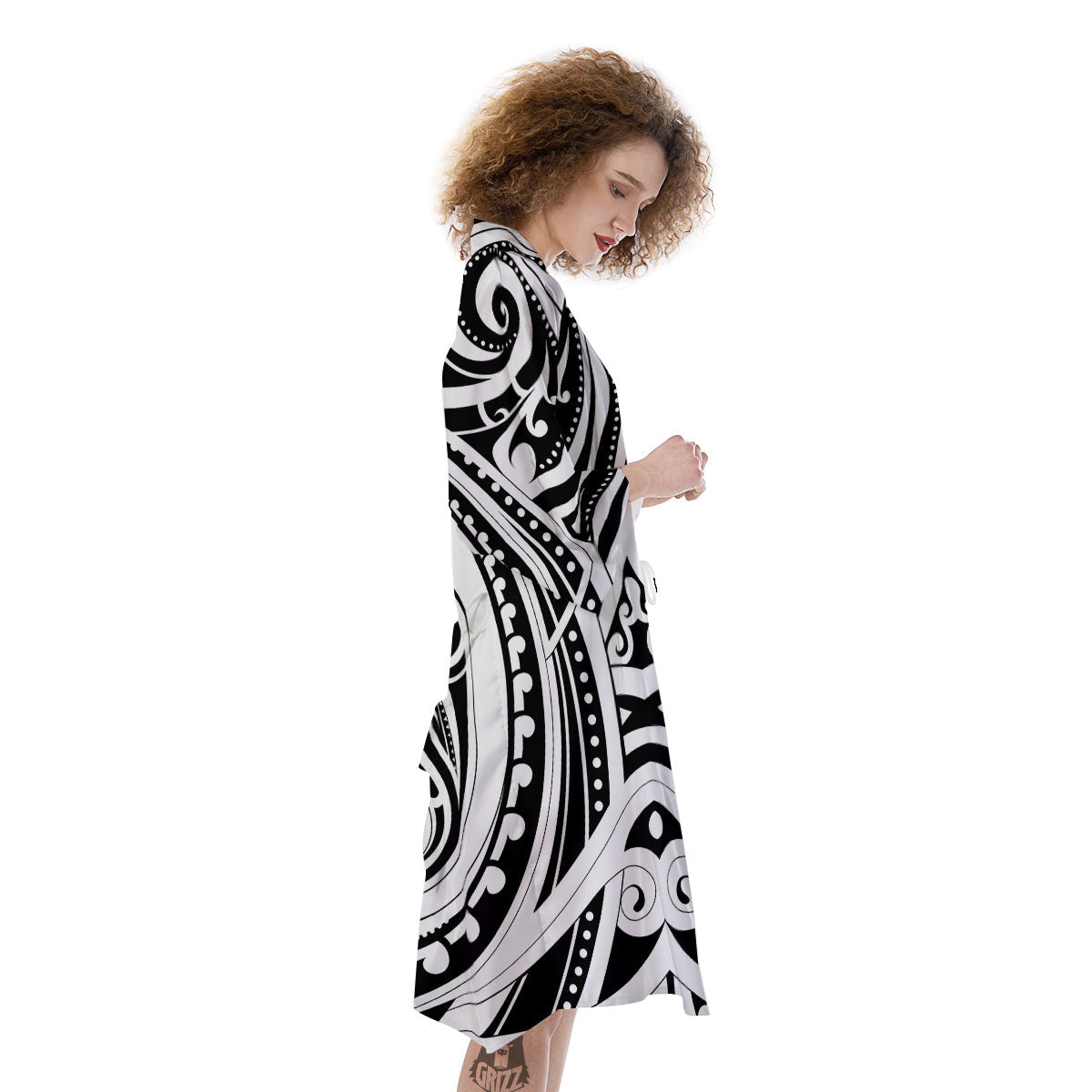 Maori Tattoo White And Black Print Kimono-grizzshop