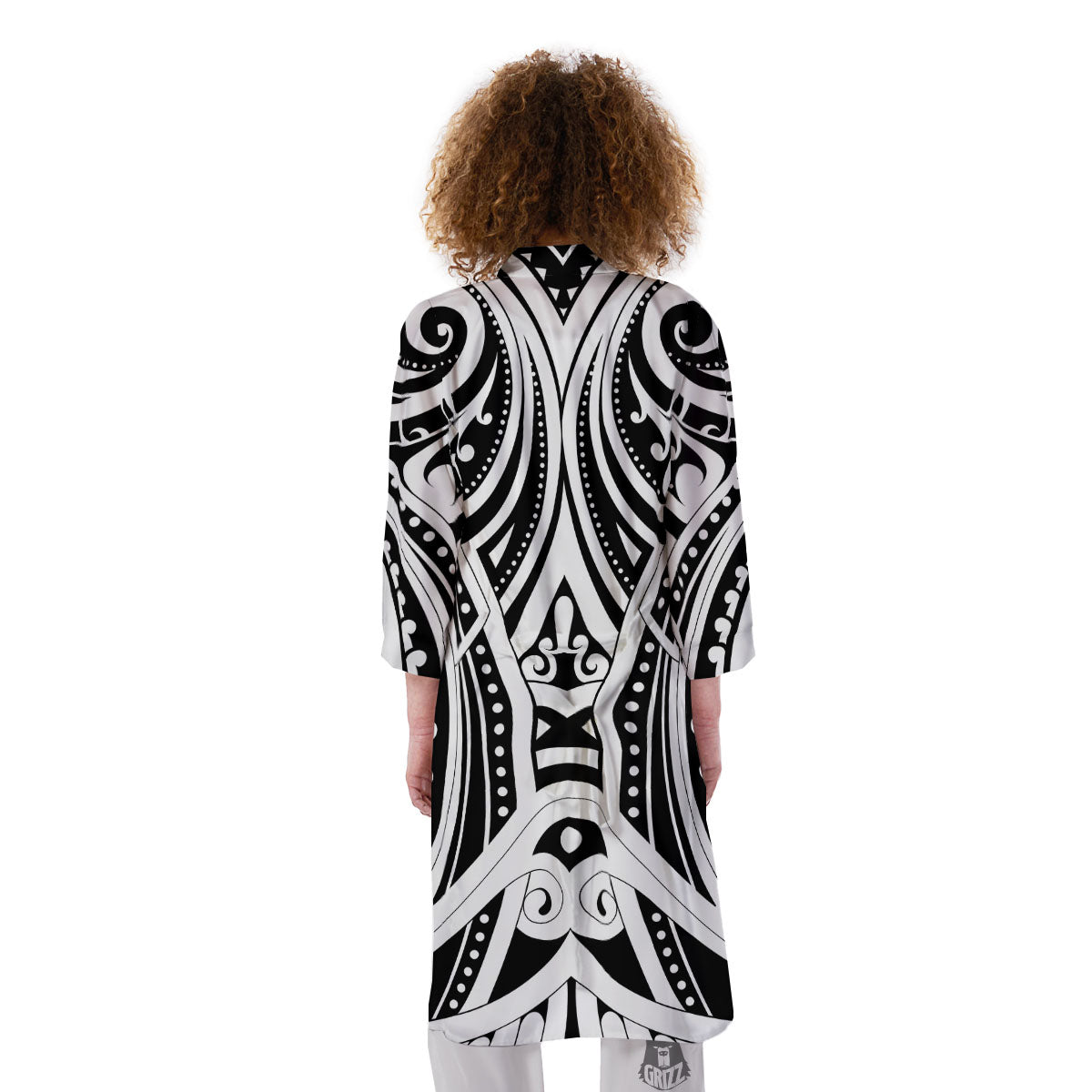 Maori Tattoo White And Black Print Kimono-grizzshop