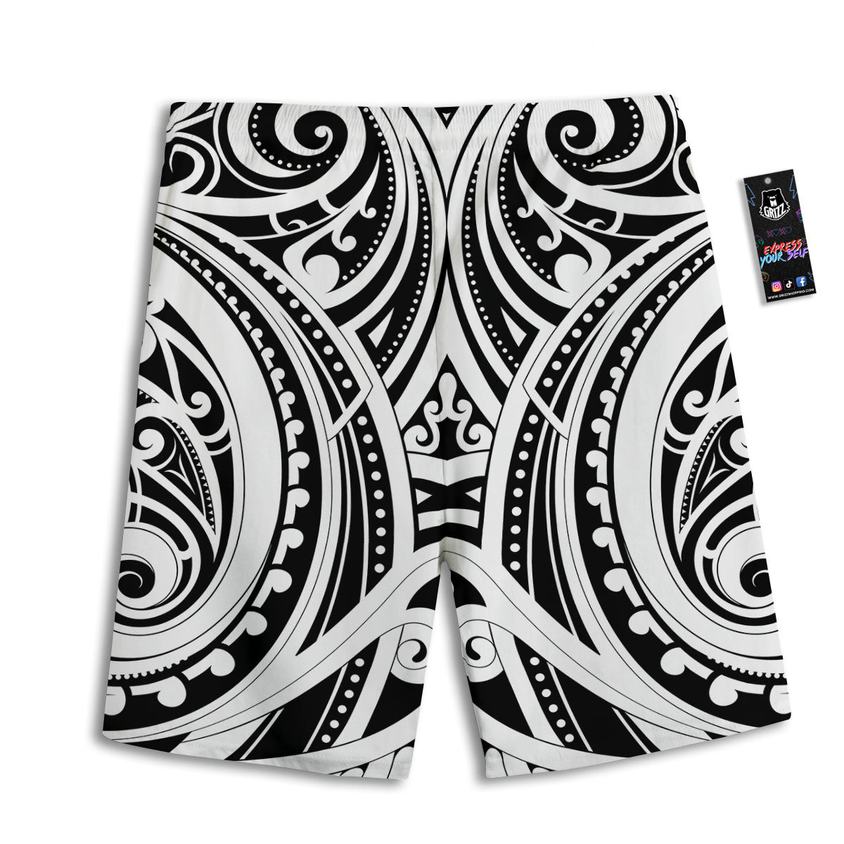 Maori Tattoo White And Black Print Men's Athletic Shorts