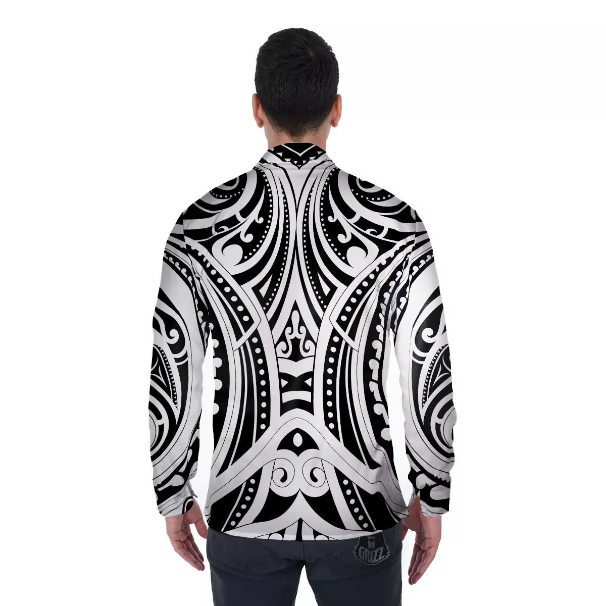 Maori Tattoo White And Black Print Men's Long Sleeve Shirts-grizzshop
