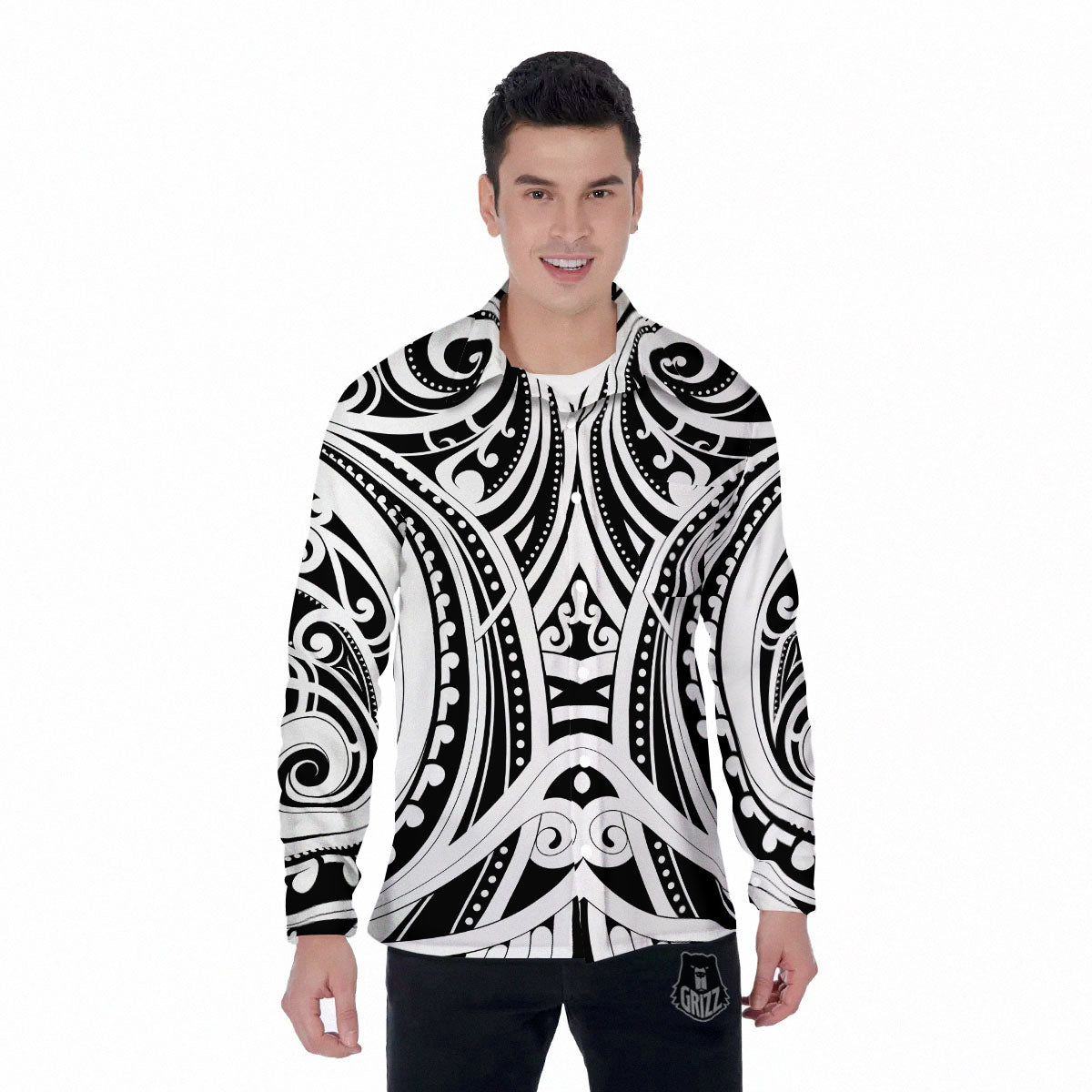 Maori Tattoo White And Black Print Men's Long Sleeve Shirts-grizzshop