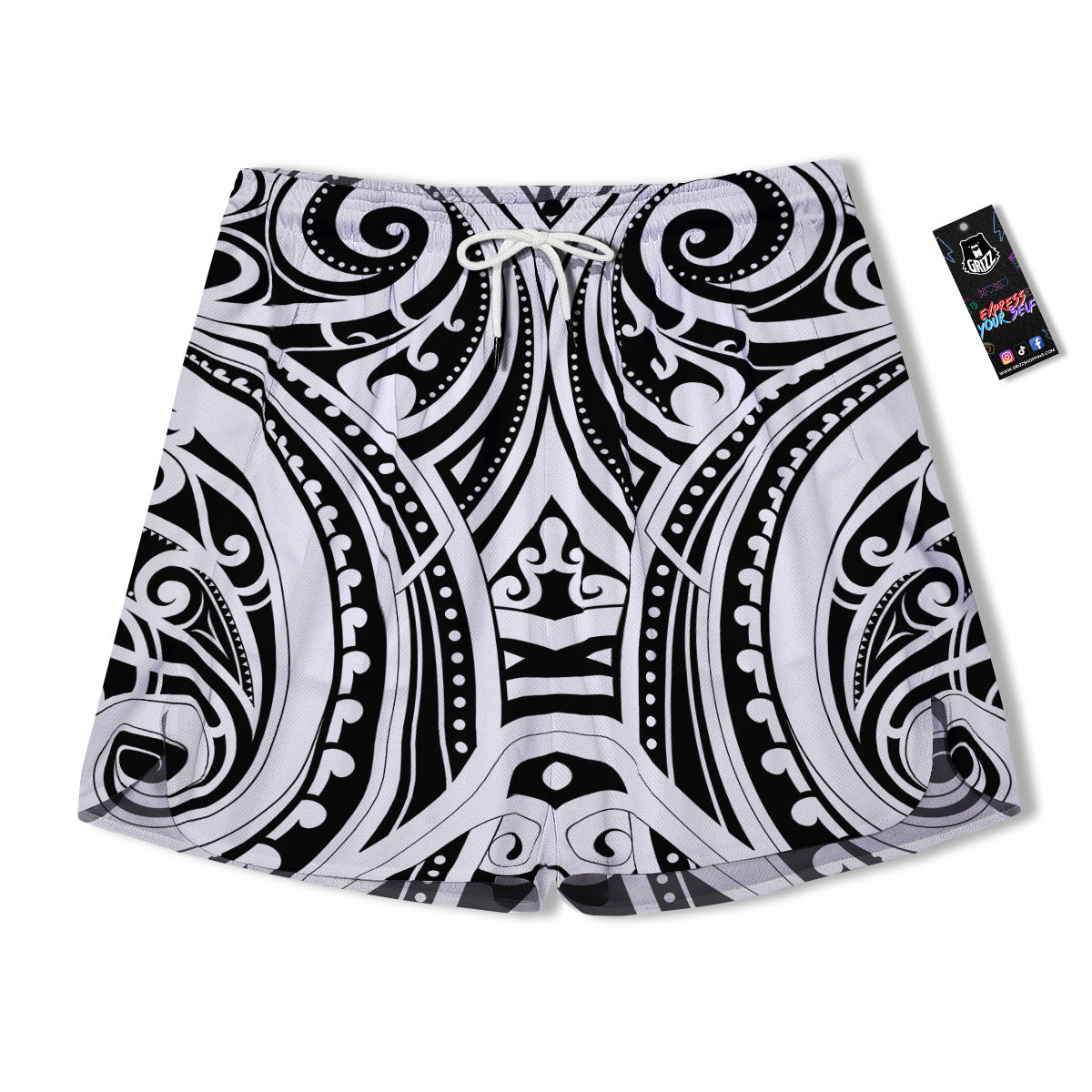Maori Tattoo White And Black Print Men's Running Shorts-grizzshop