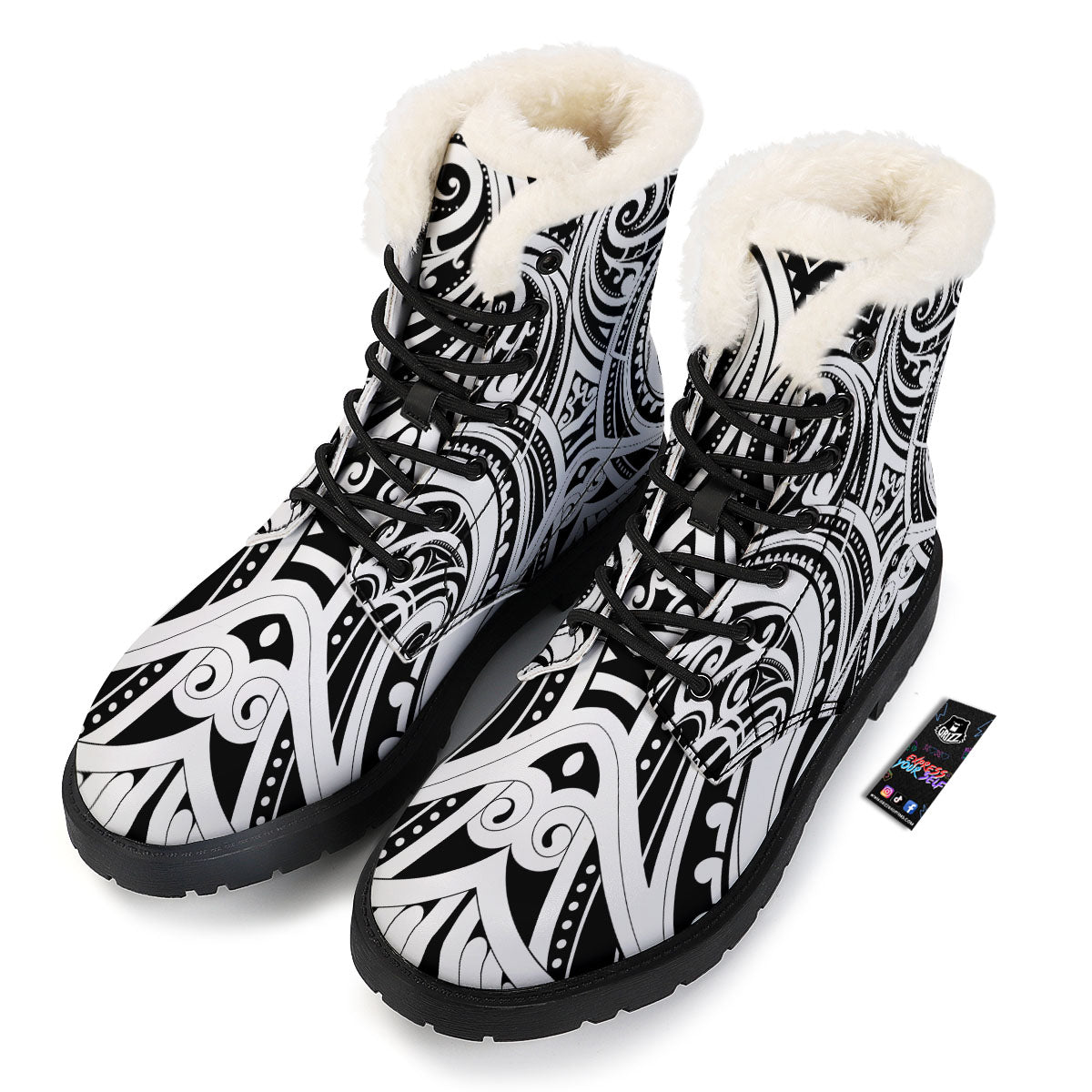 Maori Tattoo White And Black Print Winter Boots-grizzshop