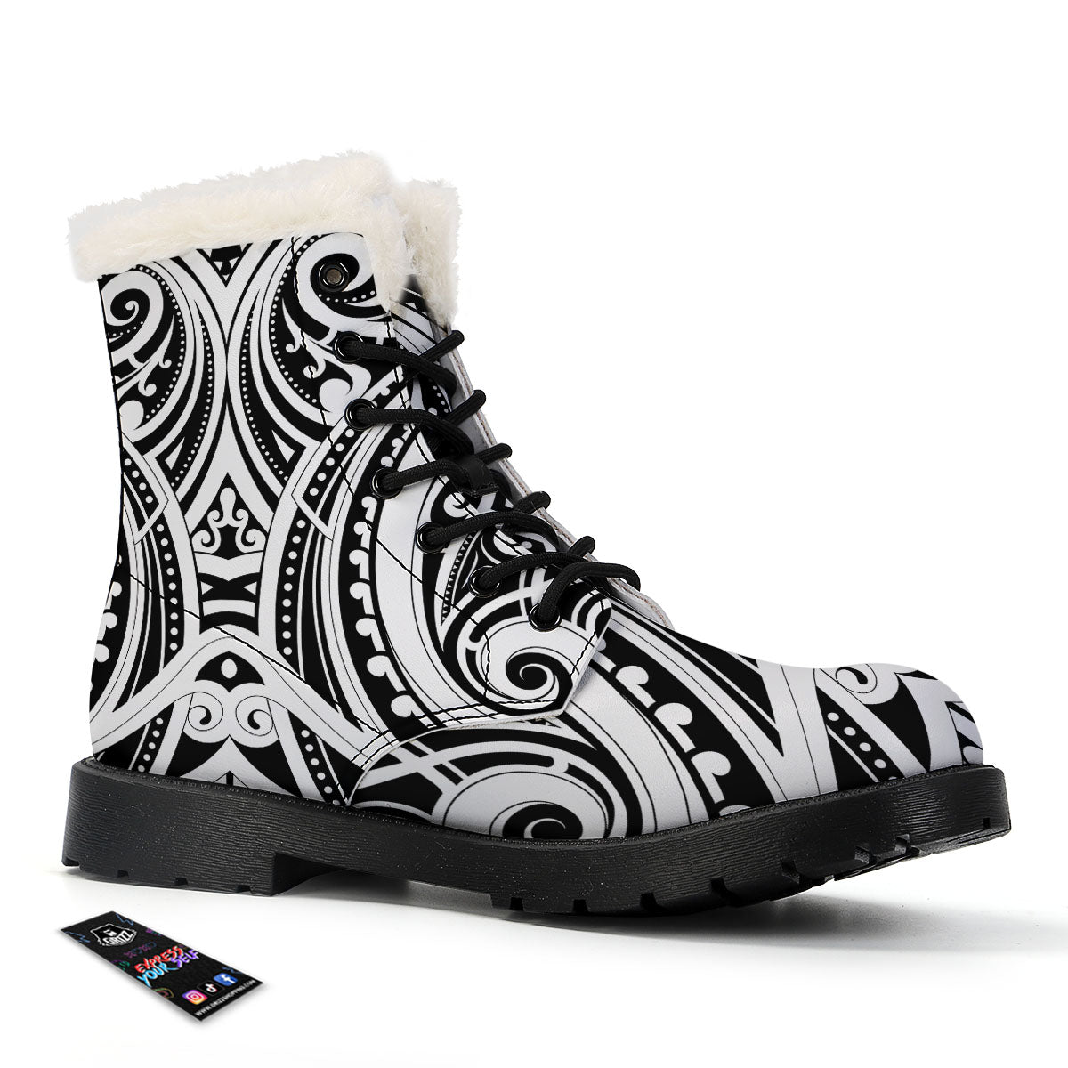 Maori Tattoo White And Black Print Winter Boots-grizzshop